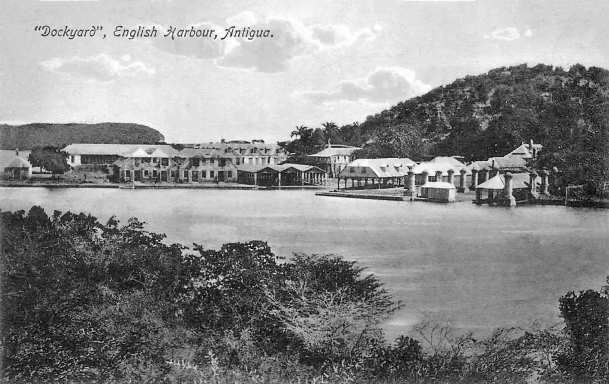 An early 20th-century postcard of the dockyard at English Harbour
