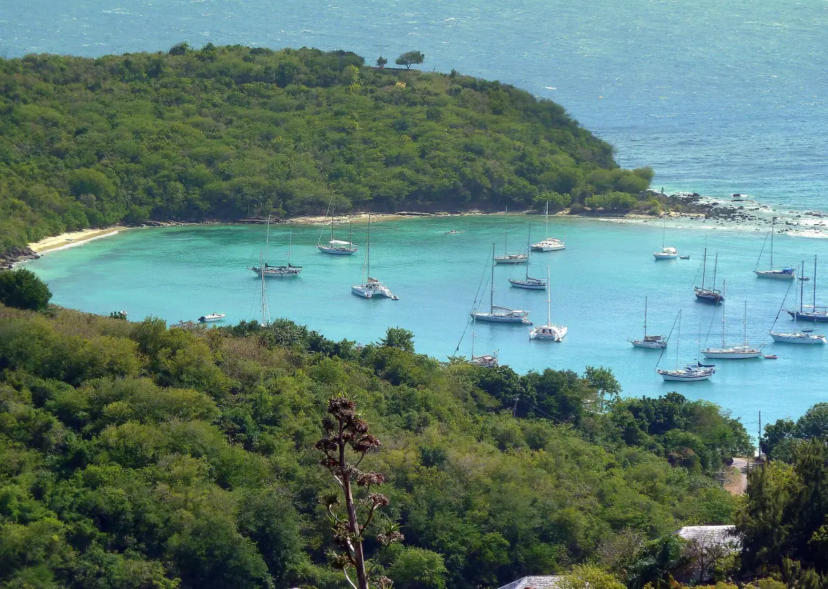 Galleon Beach and anchored yachts seen from Dow's Hill