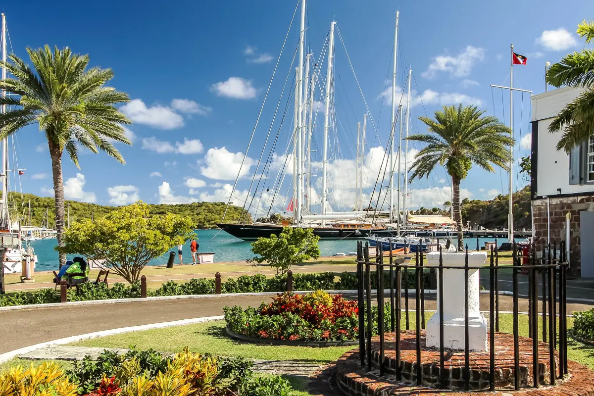 Palms, gardens and yacht masts at Nelson's Dockyard