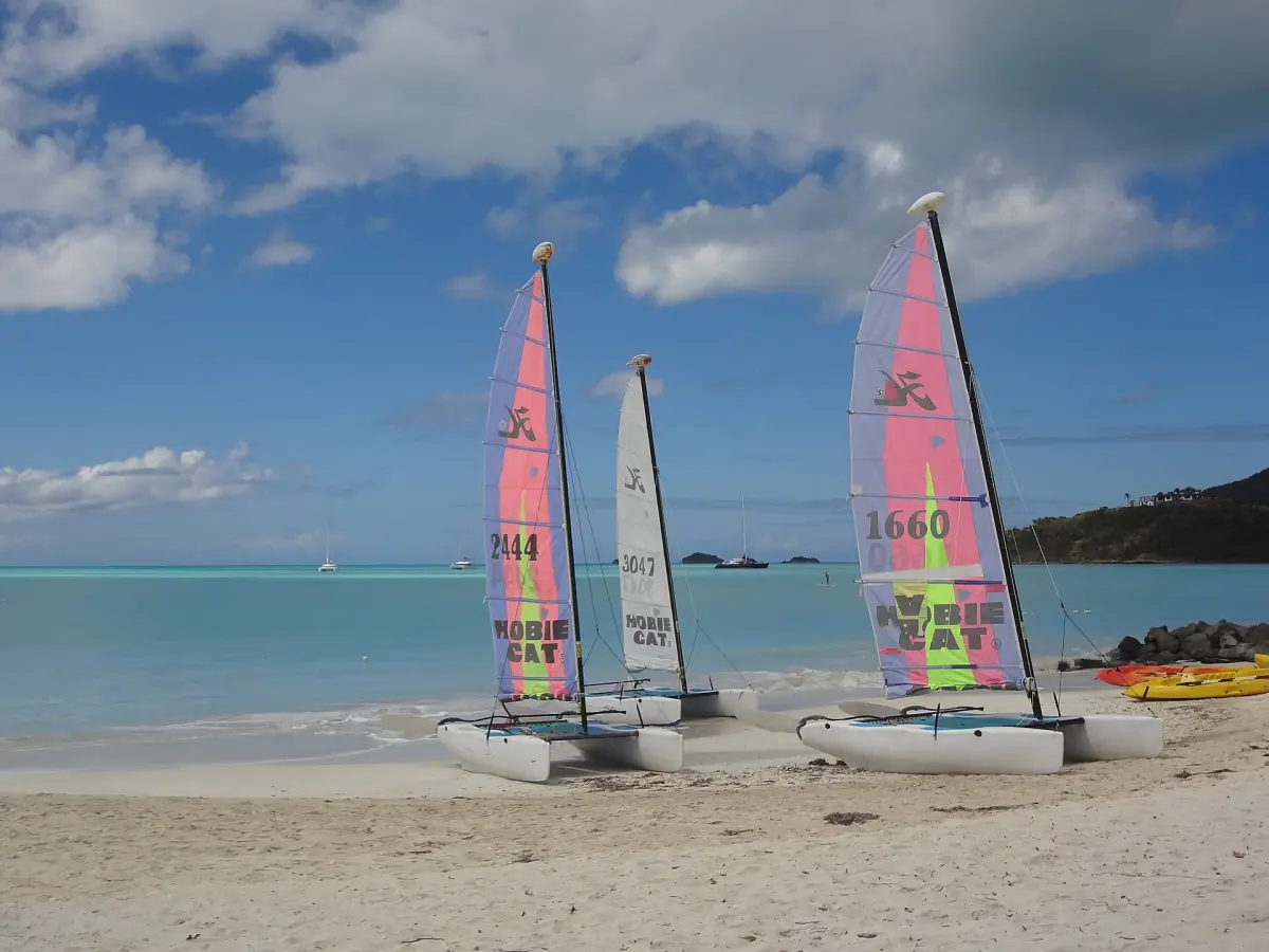 Small sailing catamarans on an Antigua beach