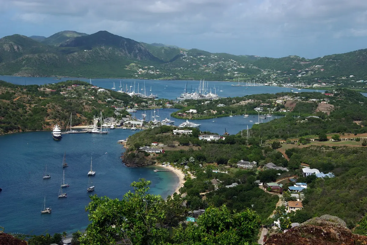 The view over English and Falmouth Harbour from Shirley Heights